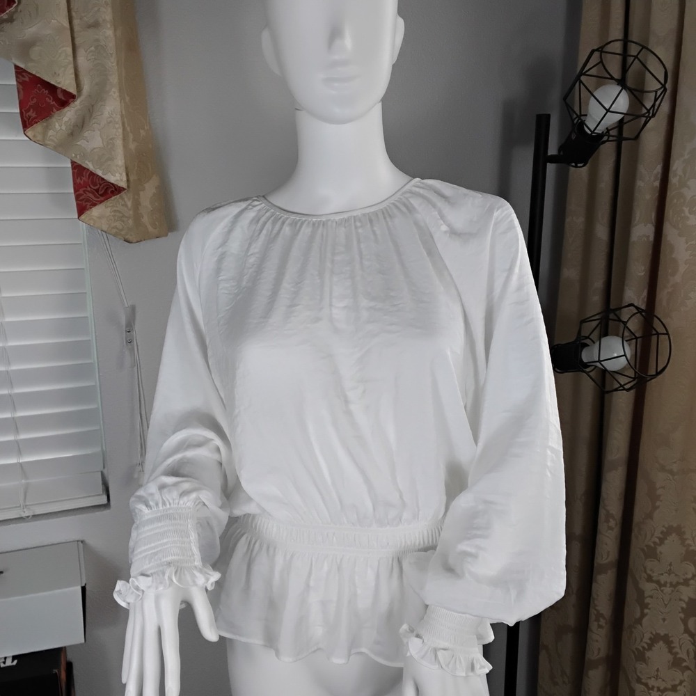 White Smocked Peplum Blouse Long Sleeve Balloon Ruffle Satin Top